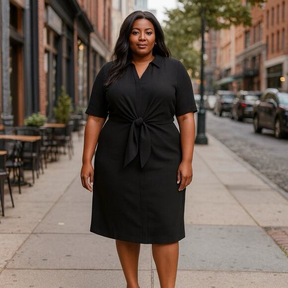 Chico's Dress NWT Womens Size 3.5 (18) $109 Textured Tie Waist Black Pockets - Picture 1 of 9